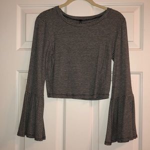 Gray & Black striped crop top with flared sleeves
